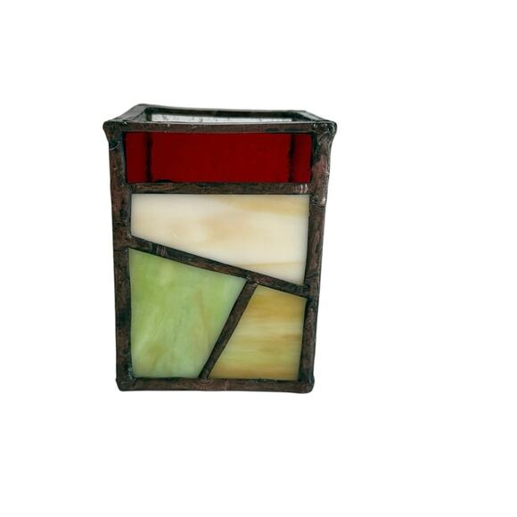 Vintage Mosaic Stained Glass Candle Holder Tray MCM 70s Red Green Brown - Picture 2 of 7